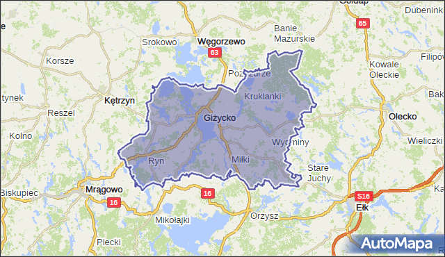 powiat giżycki - województwo warmińsko-mazurskie na mapie Targeo