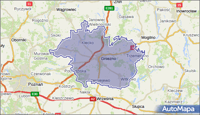 powiat gnieźnieński - województwo wielkopolskie na mapie Targeo