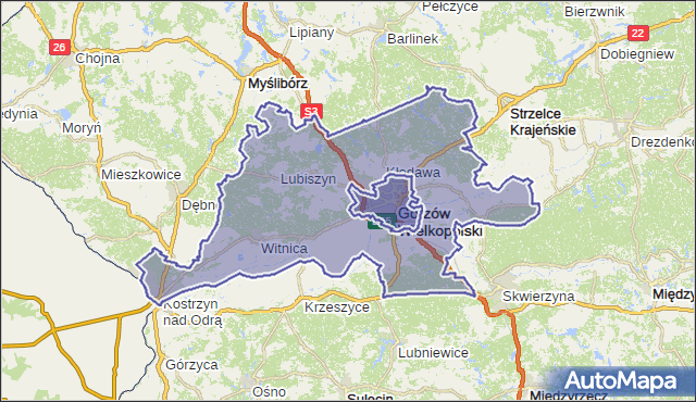 powiat gorzowski - województwo lubuskie na mapie Targeo