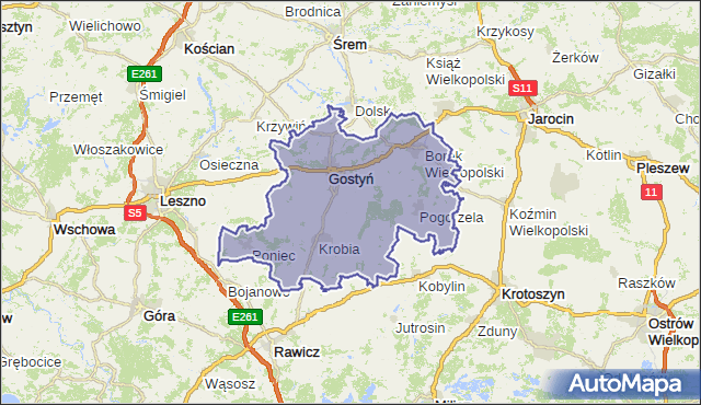 powiat gostyński - województwo wielkopolskie na mapie Targeo