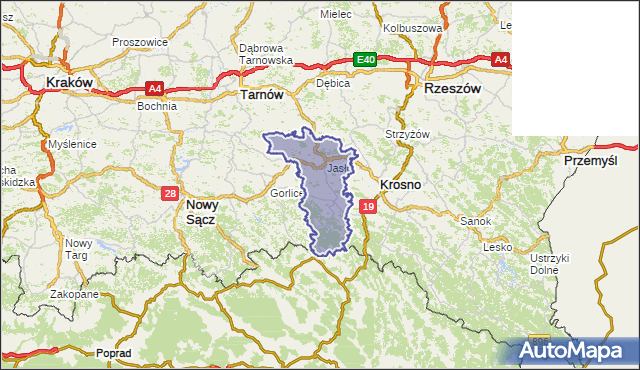 powiat jasielski - województwo podkarpackie na mapie Targeo