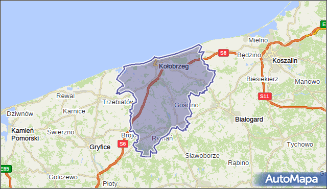 powiat kołobrzeski - województwo zachodniopomorskie na mapie Targeo