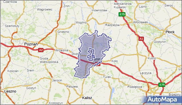 powiat koniński - województwo wielkopolskie na mapie Targeo