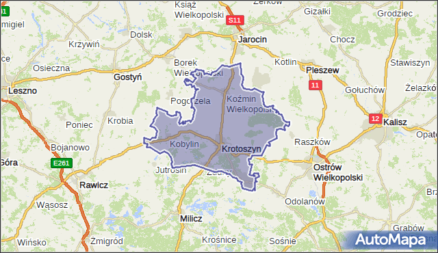 powiat krotoszyński - województwo wielkopolskie na mapie Targeo