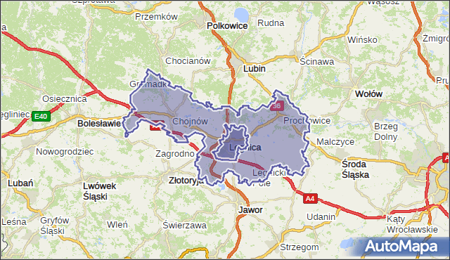 powiat legnicki - województwo dolnośląskie na mapie Targeo