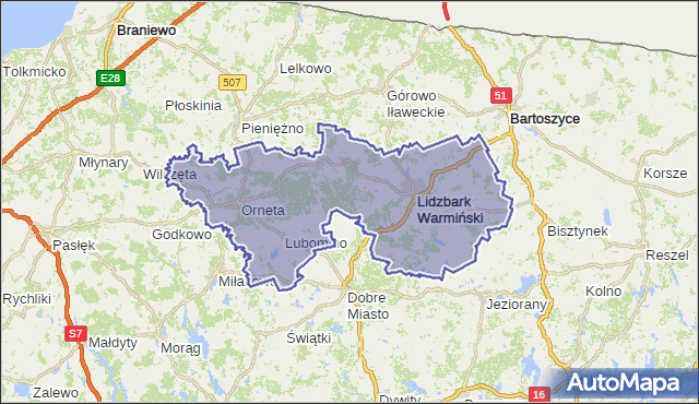 powiat lidzbarski - województwo warmińsko-mazurskie na mapie Targeo