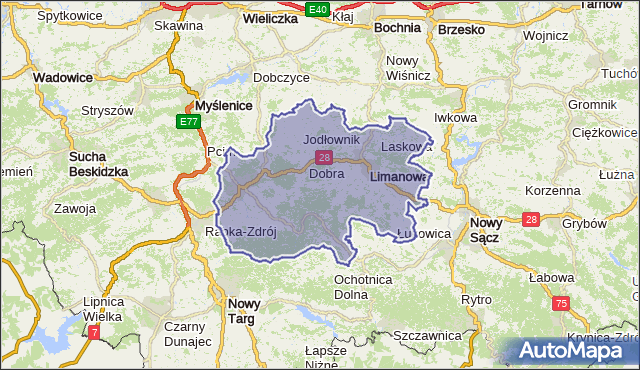 powiat limanowski - województwo małopolskie na mapie Targeo