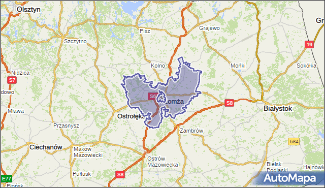 powiat łomżyński - województwo podlaskie na mapie Targeo