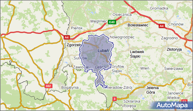 powiat lubański - województwo dolnośląskie na mapie Targeo