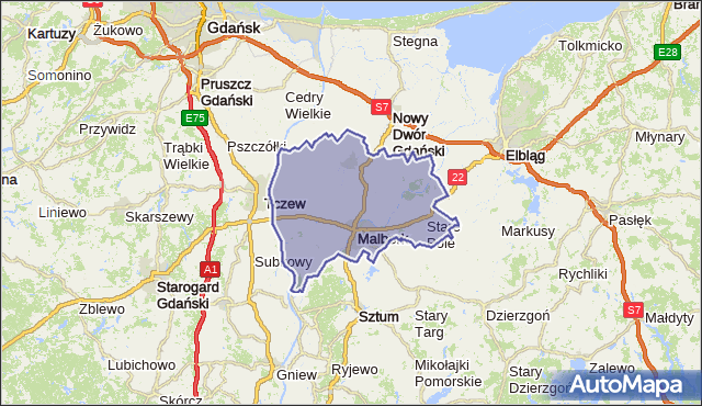 powiat malborski - województwo pomorskie na mapie Targeo