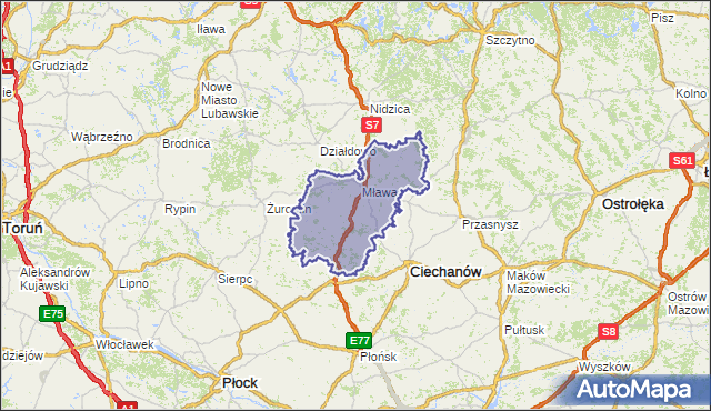 powiat mławski - województwo mazowieckie na mapie Targeo