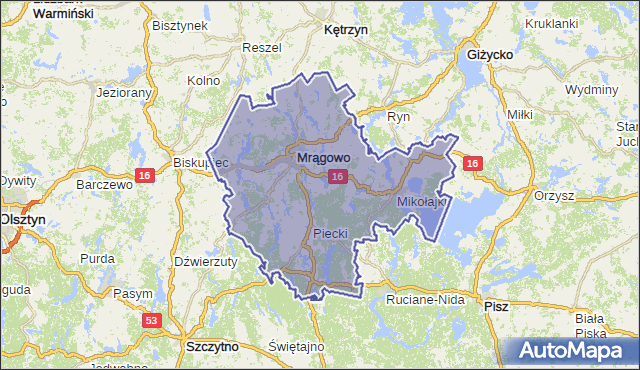 powiat mrągowski - województwo warmińsko-mazurskie na mapie Targeo