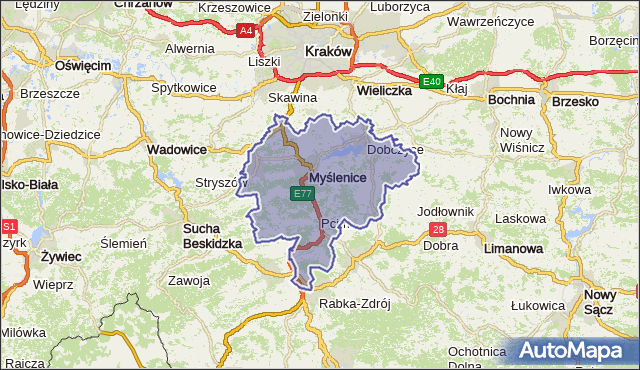 powiat myślenicki - województwo małopolskie na mapie Targeo