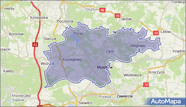 powiat myszkowski - województwo śląskie na mapie Targeo