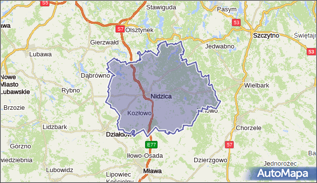 powiat nidzicki - województwo warmińsko-mazurskie na mapie Targeo