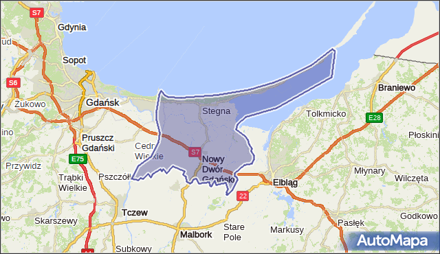 powiat nowodworski - województwo pomorskie na mapie Targeo