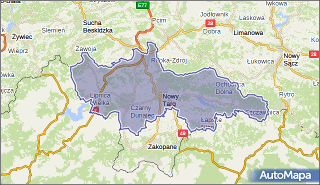 powiat nowotarski - województwo małopolskie na mapie Targeo