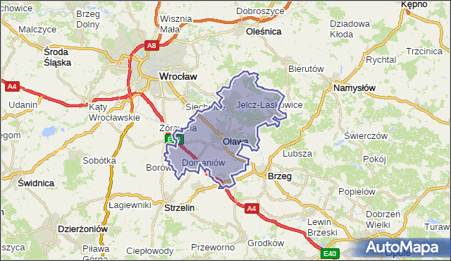 powiat oławski - województwo dolnośląskie na mapie Targeo