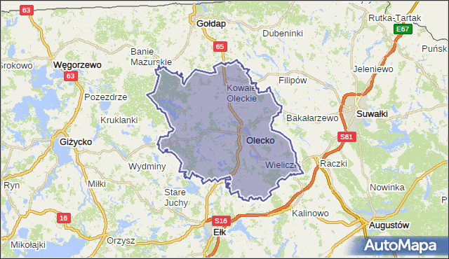 powiat olecki - województwo warmińsko-mazurskie na mapie Targeo