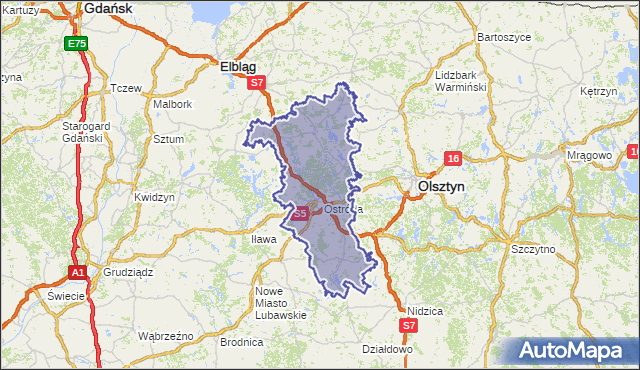 powiat ostródzki - województwo warmińsko-mazurskie na mapie Targeo