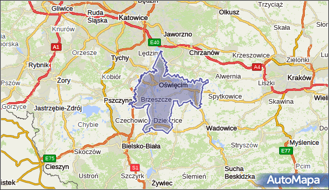 powiat oświęcimski - województwo małopolskie na mapie Targeo