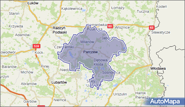 powiat parczewski - województwo lubelskie na mapie Targeo