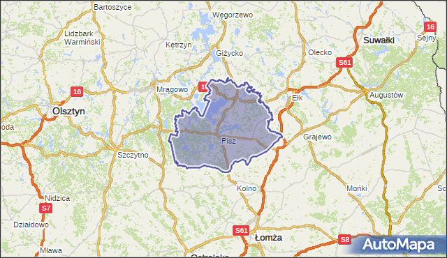 powiat piski - województwo warmińsko-mazurskie na mapie Targeo