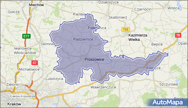 powiat proszowicki - województwo małopolskie na mapie Targeo