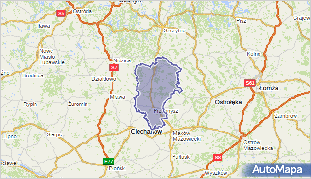 powiat przasnyski - województwo mazowieckie na mapie Targeo