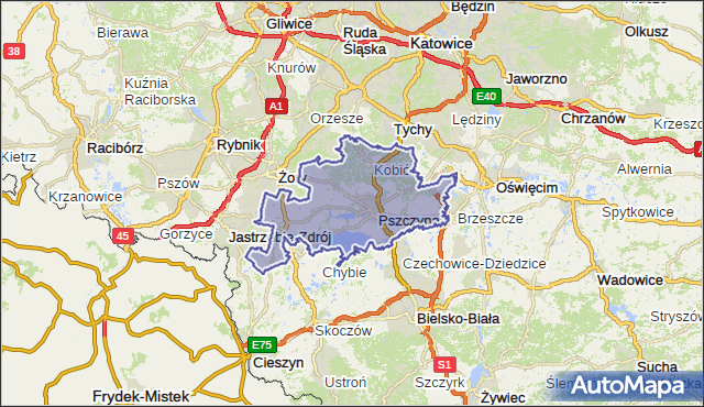 powiat pszczyński - województwo śląskie na mapie Targeo