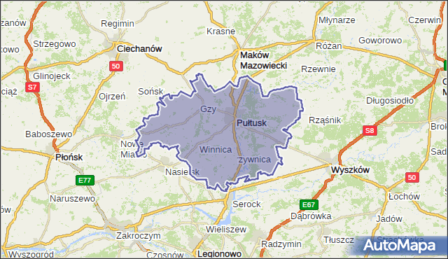 powiat pułtuski - województwo mazowieckie na mapie Targeo