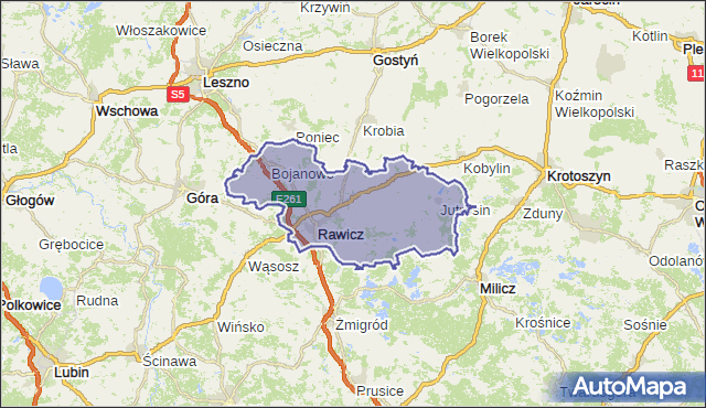 powiat rawicki - województwo wielkopolskie na mapie Targeo