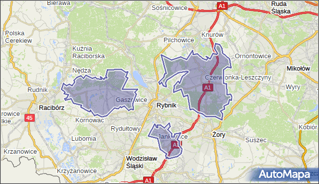 powiat rybnicki - województwo śląskie na mapie Targeo