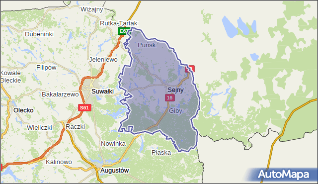 powiat sejneński - województwo podlaskie na mapie Targeo