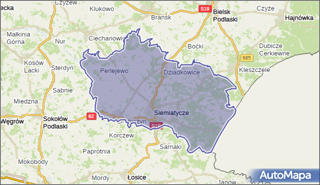 powiat siemiatycki - województwo podlaskie na mapie Targeo