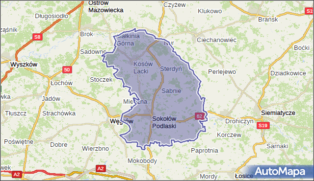 powiat sokołowski - województwo mazowieckie na mapie Targeo