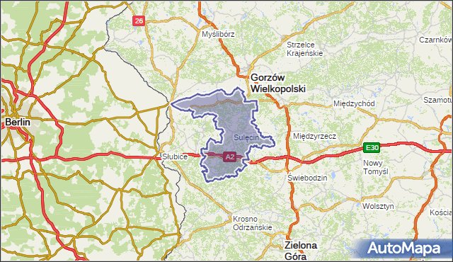 powiat sulęciński - województwo lubuskie na mapie Targeo