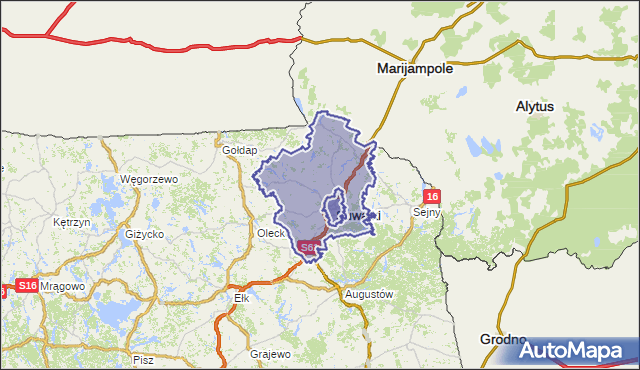 powiat suwalski - województwo podlaskie na mapie Targeo