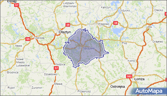 powiat szczycieński - województwo warmińsko-mazurskie na mapie Targeo