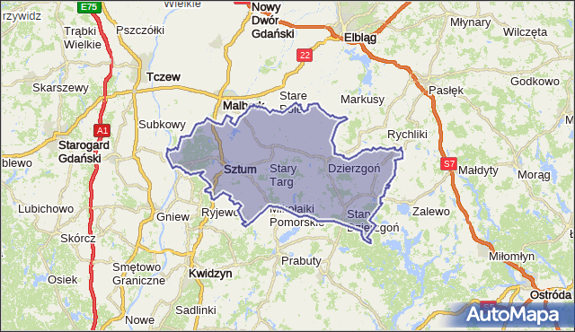 powiat sztumski - województwo pomorskie na mapie Targeo