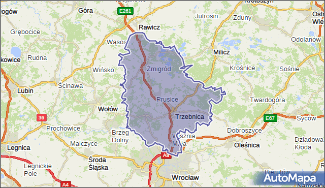 powiat trzebnicki - województwo dolnośląskie na mapie Targeo