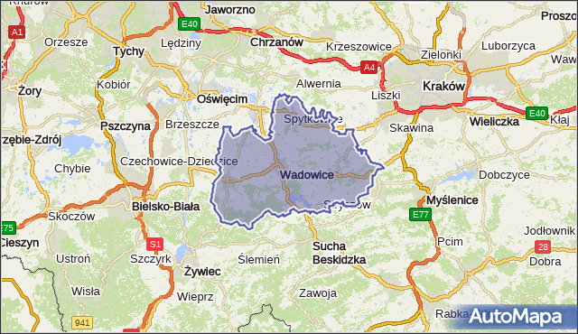 powiat wadowicki - województwo małopolskie na mapie Targeo