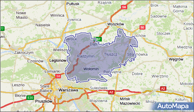 powiat wołomiński - województwo mazowieckie na mapie Targeo