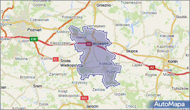 powiat wrzesiński - województwo wielkopolskie na mapie Targeo
