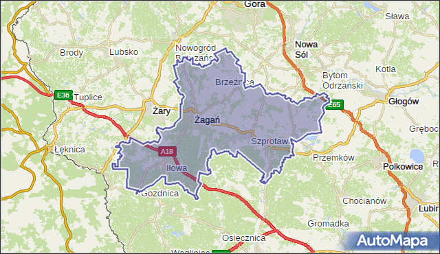 powiat żagański - województwo lubuskie na mapie Targeo