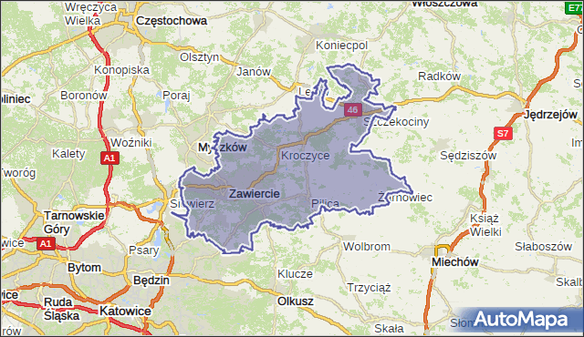 powiat zawierciański - województwo śląskie na mapie Targeo
