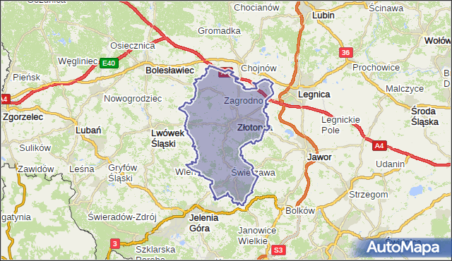 powiat złotoryjski - województwo dolnośląskie na mapie Targeo