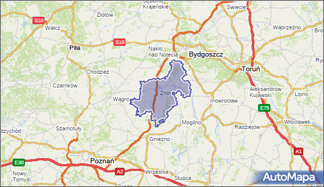 powiat żniński - województwo kujawsko-pomorskie na mapie Targeo