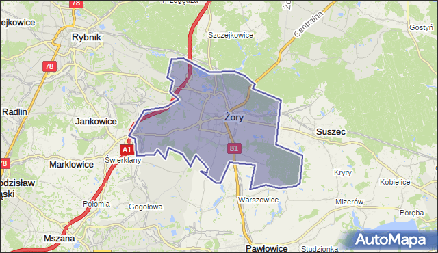 powiat Żory - województwo śląskie na mapie Targeo