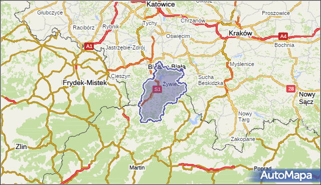 powiat żywiecki - województwo śląskie na mapie Targeo